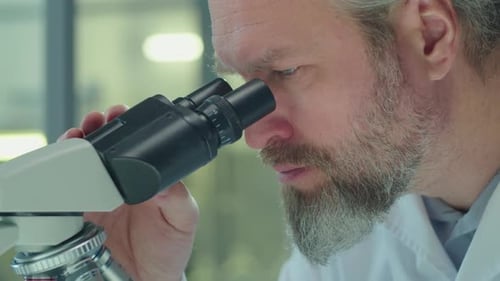 Focused Scientist Analyzing Data Through Microscope