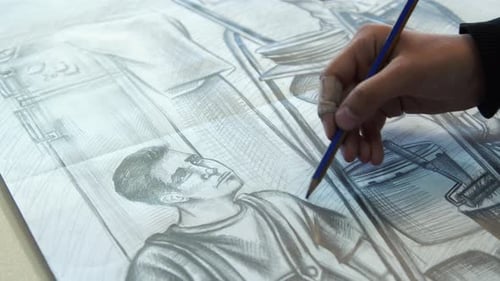 Pencil Artist Drawing Man on Paper Close Up