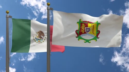 Waving Flags of Mexico and Mexican State Emblem