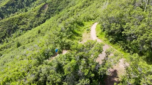 Aerial orbit of a man standing on a hiking trail on a cliff overlooking a mountain forest and lake