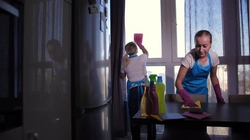 Zwei weibliche Reinigungskräfte in Handschuhen arbeiten in der Wohnung