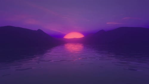 Warme, magentafarbene, dunstige 3D-Geländelandschaft mit ruhigem Wasser