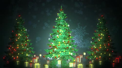 Animated Christmas Trees with Gifts and Falling Snowflakes Background