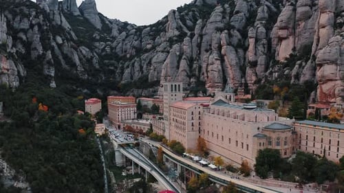 Scenic Aerial View of Santa Maria De Montserrat Monastery on Mountain Montserrat in Barcelona