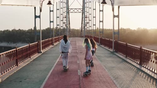 Young Students with Bright Appearance Group of Skaters Quickly Ride Across the City Bridge Over the