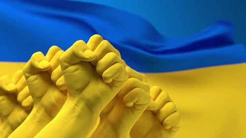 Ukrainian Flag with Raised Fists Symbolizing Freedom and Justice