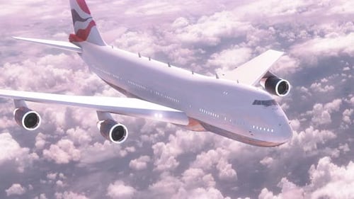 Large Passenger Airplane Flying Above Soft Pink Clouds 3D Animation