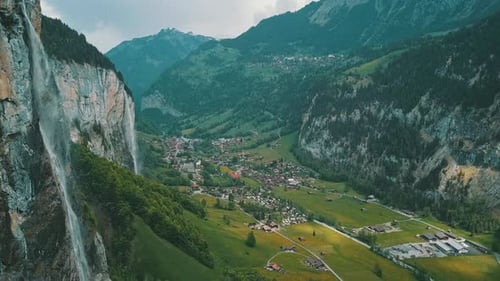 Lauterbrunnen Village and Waterfalls Aerial