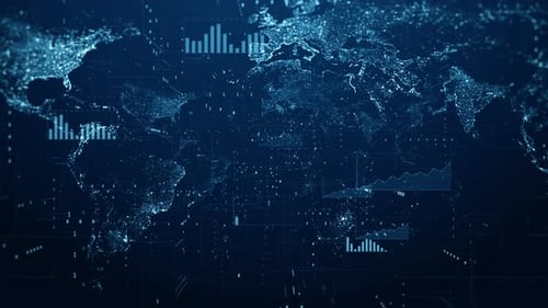 Futuristic Digital World Map with Corporate Data Analysis