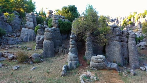 Geological Landscape with Beautiful Rock Formations and Evergreen Trees