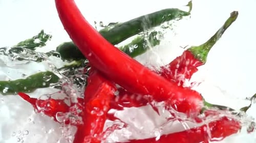 Chili Peppers Falling into Water in Close Up