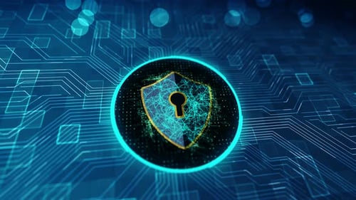Digital Cybersecurity Shield Animation on Circuit Board Background