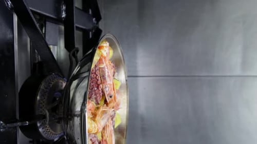 Seafood Cooking in Pan on Stainless Steel Cooktop