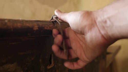 Wooden chest opening slow-mo 1080p FullHD footage - Hand opens weathered dusty furniture slow motio
