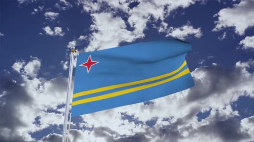 Aruba Flag Waving in Realistic 3D Against Cloudy Sky