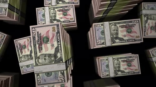 Voo sobre o loop de pacotes de notas de dinheiro do dólar