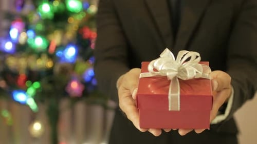 Man Presents Christmas Gift Near Decorated Tree