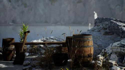 Wooden Barrels with Sea Fish at the Sand Beach