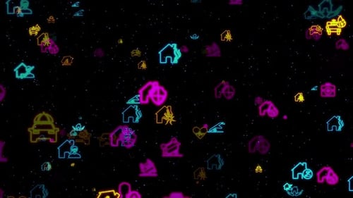 Glowing Neon Insurance Icons Digital Background Loop