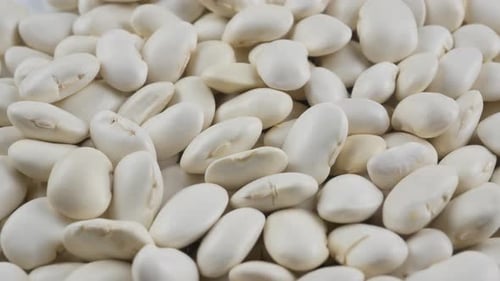 Heap of white beans texture as background. Top view.