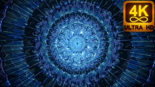 3D psychedelischer Fliegentunnel mit Eismuster-Design. Blaue Elemente abstraktes Eis fliegen durch. Partei Vj