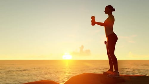 Silhouette of Woman Exercising with Dumbbells at Sunset