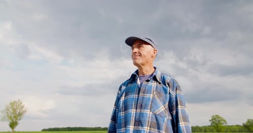 Adult Man Using Tablet in a Farm Field