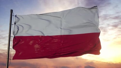 Realistic Poland Flag Waving in Wind with Sunset Background