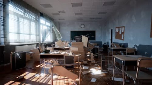 Demolished classroom with overturned desks and chairs. Damaged teaching class.