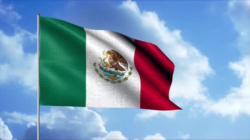 Realistic Mexican Flag Waving Against Blue Sky