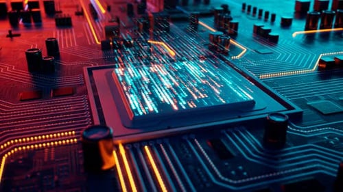 Datenfluss in einem Motherboard im PC. Prozessor zwischen Schaltungen und Elektronik.
CPU