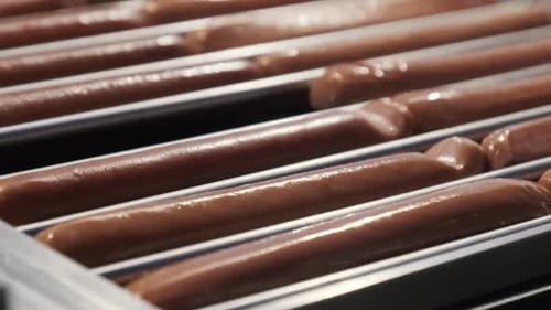 Hotdog Sausages Being Cooked on Grill on at Street Food Festival at Night.