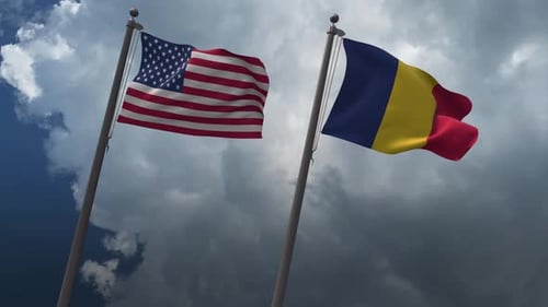 United States and Romania Flags Waving