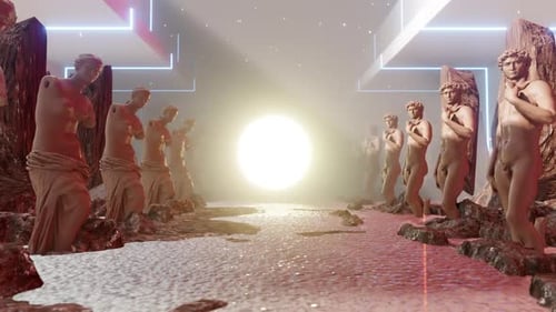 Surreal Classical Statues and Neon Lights with Central Glowing Orb