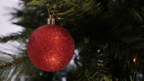 Red Ornament Hanging From Christmas Tree