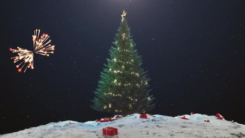 Festive Christmas Tree Celebration with Gifts and Fireworks