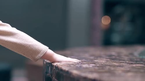 CU Slow Motion Little Sweet Girl Playing with Water Near Fountain 1 Sprays Water with a Hand