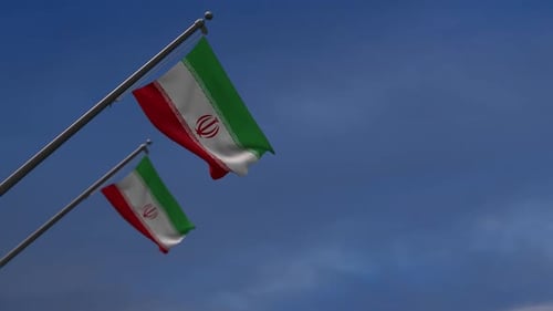 Realistic Iranian Flags Waving Against Blue Sky
