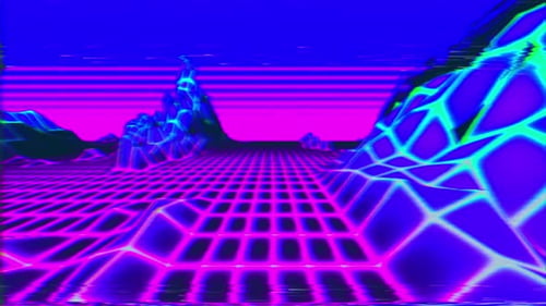Retro Neon Grid Landscape with Glitch Effect Animation