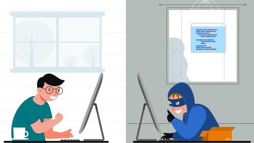 Programmer Fixing Code, Hacker Steals Data Animated Concept