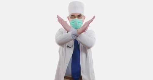 Medical Worker or Doctor Showing Stop Sign on Hospital. Isolated on White.