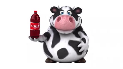 Animated 3D Cartoon Cow Winking and Holding Soda Bottle