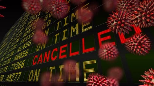 Animation of A macro coronavirus Covid-19 cells spreading over an airport flight departures board