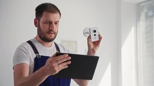 Man with Security Camera and Tablet Indoors