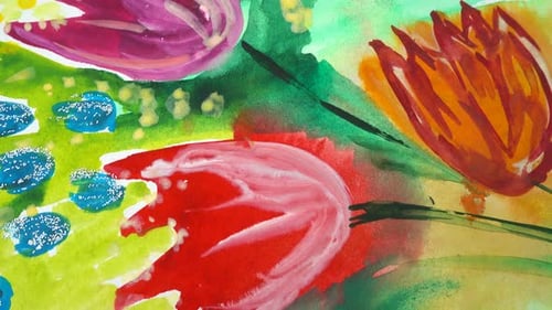 Vibrant Watercolor Painting of Abstract Tulips