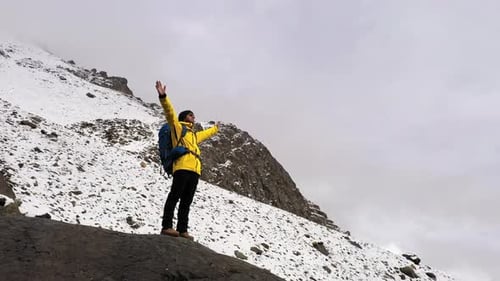 Young Hiker On Mountain Peak At Sunset Successful Pose Outstretched Arms Business Life Achievement