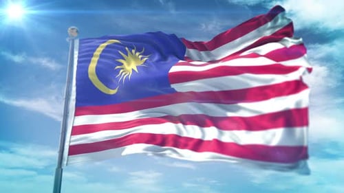 Animated Waving Malaysia Flag Against Bright Blue Sky