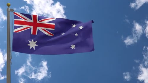 Waving Australian Flag on a Bright Blue Sky