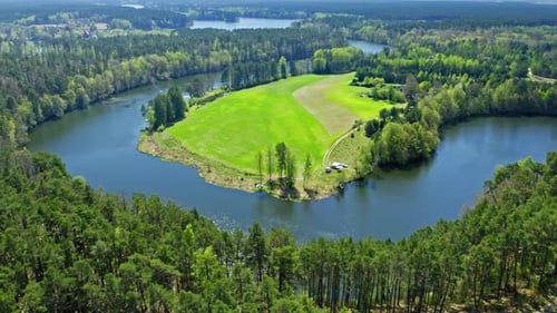 Big river and forest in summer. Aerial view of Poland