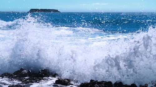 Sea Storm Concept Landscape Footage of Ocean Blue Water and Rocks Sunny Daytime Seascape Devastating